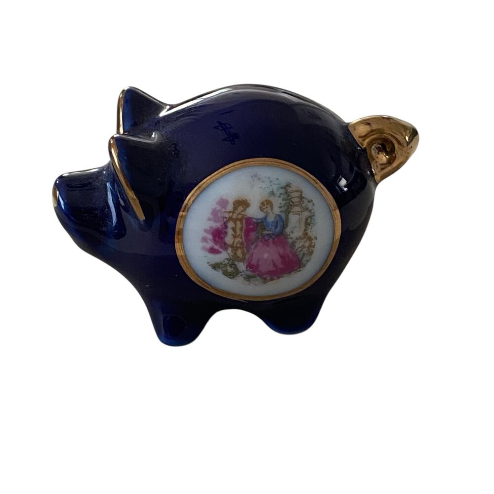 Vintage Limoges Cobalt Blue & Gold Trim Miniature 2" Piggy Figure Made in France